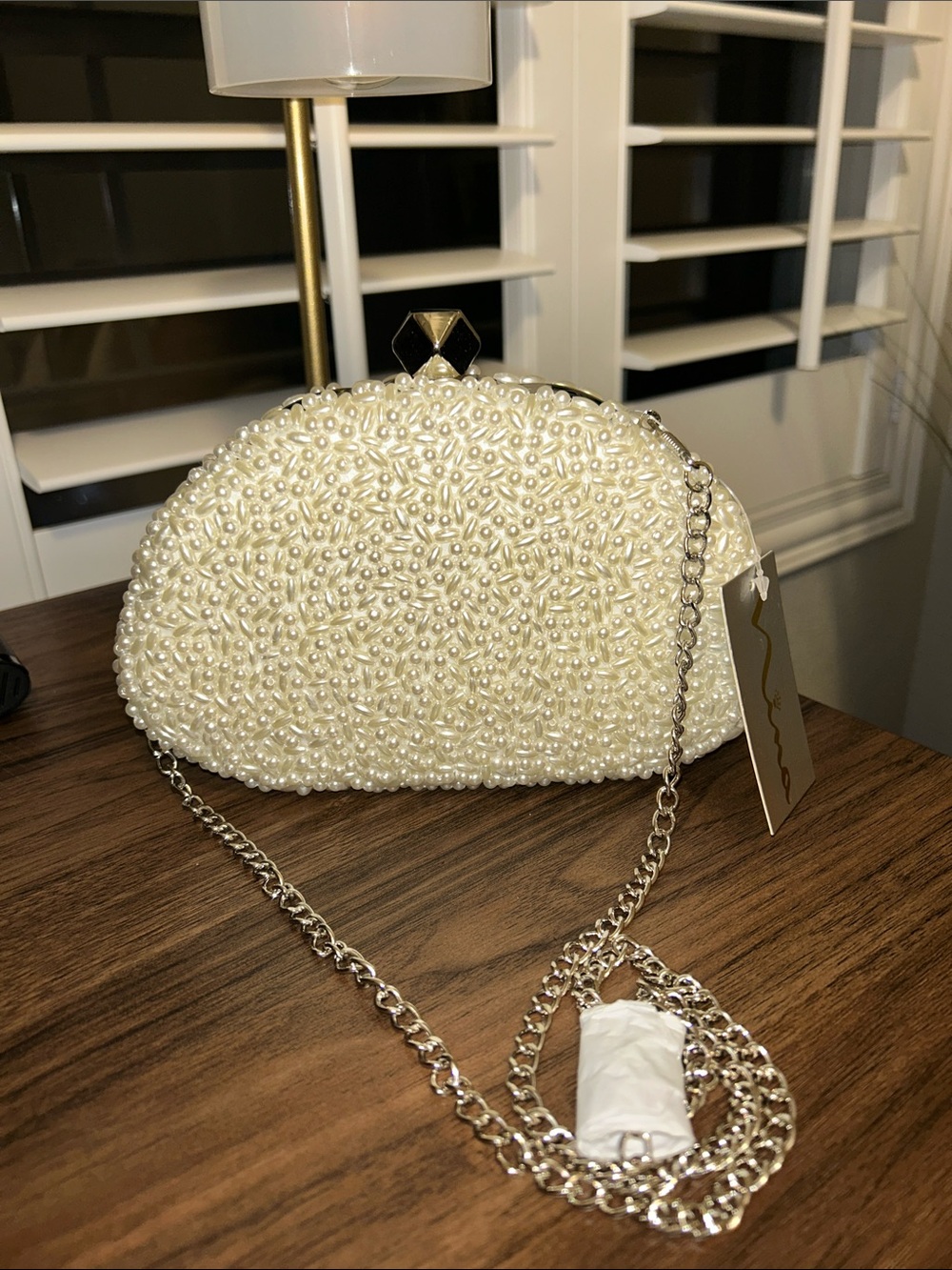 Nina Pearl-Embellished Cream Evening Clutch